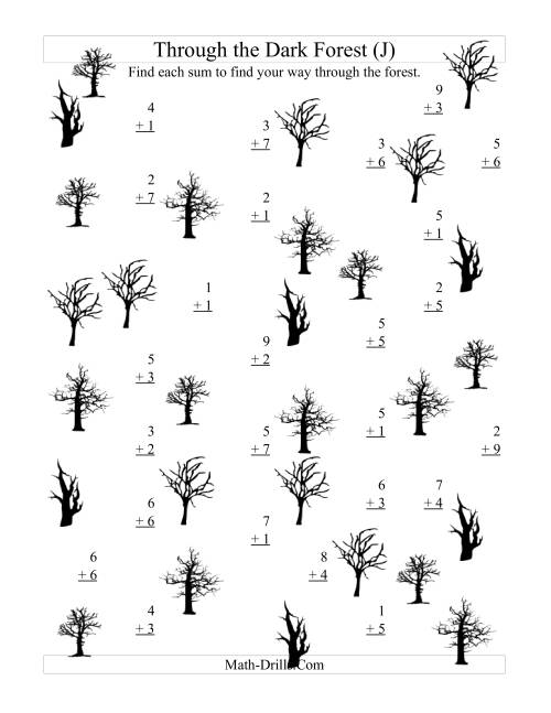 The Adding through the Dark Forest (One-Digit Addition) (J) Math Worksheet