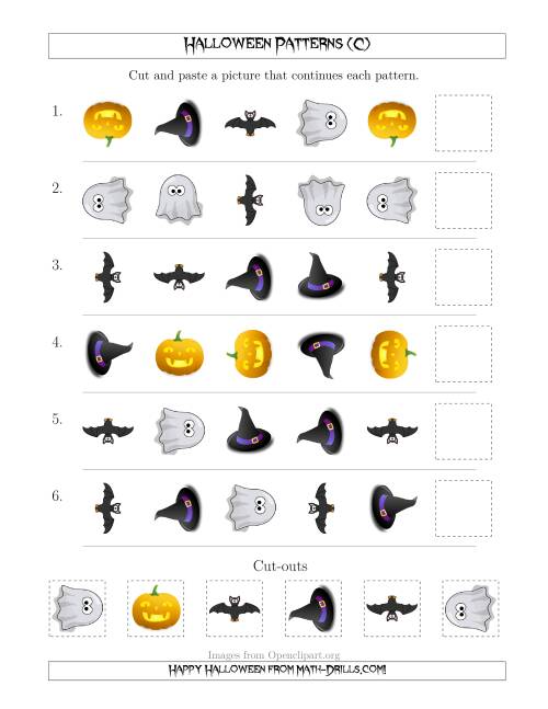 The Not-So-Scary Halloween Picture Patterns with Shape and Rotation Attributes (C) Math Worksheet