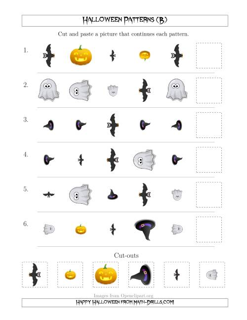 The Not-So-Scary Halloween Picture Patterns with Shape, Size and Rotation Attributes (B) Math Worksheet