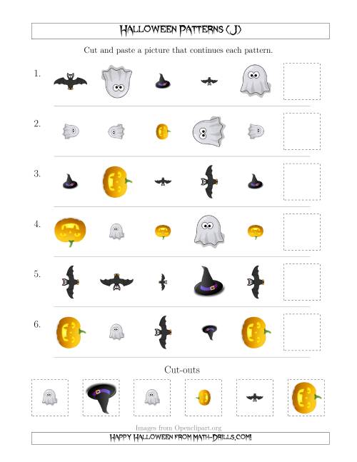 The Not-So-Scary Halloween Picture Patterns with Shape, Size and Rotation Attributes (J) Math Worksheet