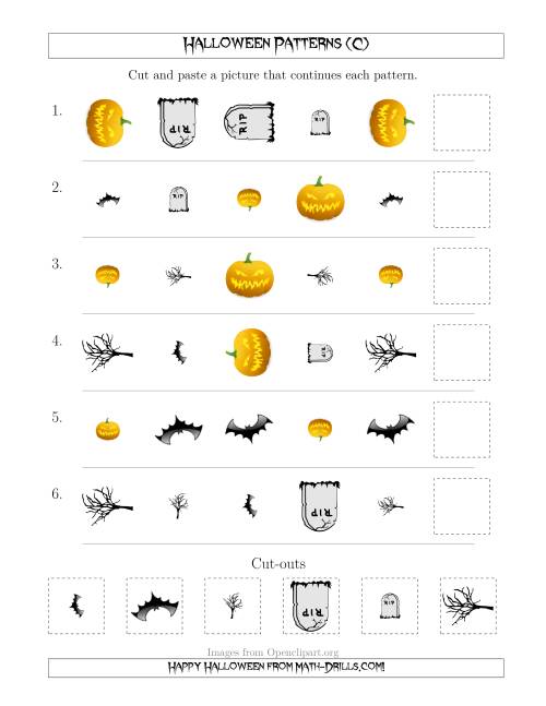 The Scary Halloween Picture Patterns with Shape, Size and Rotation Attributes (C) Math Worksheet