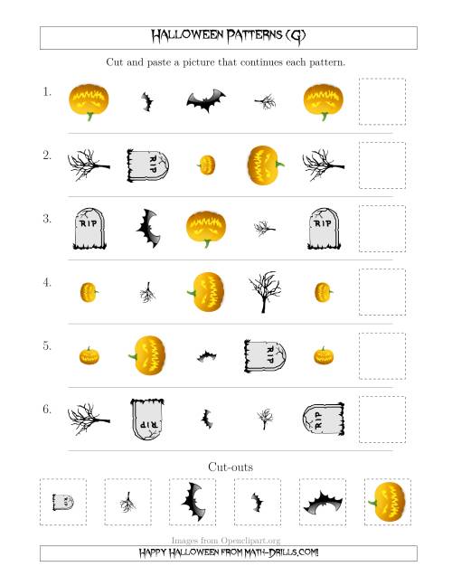 The Scary Halloween Picture Patterns with Shape, Size and Rotation Attributes (G) Math Worksheet