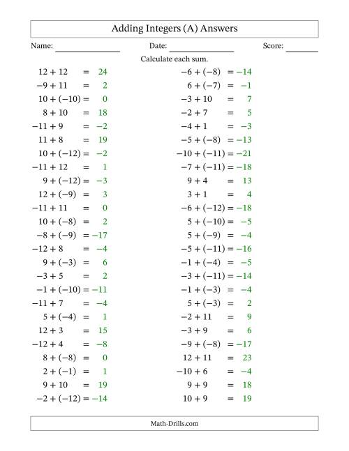 The Adding Mixed Integers from -12 to 12 (50 Questions) (A) Math Worksheet Page 2