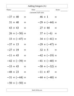 Adding Mixed Integers from -50 to 50 (25 Questions; Large Print)