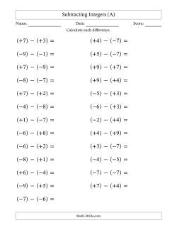 Subtracting Mixed Integers from -9 to 9 (25 Questions; Large Print; All Parentheses)