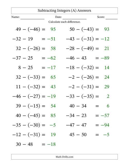 Subtracting Mixed Integers from -50 to 50 (25 Questions; Large Print) (A)
