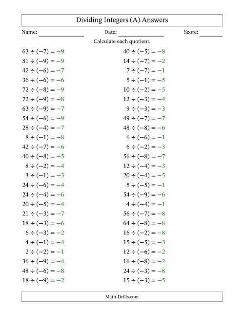 Dividing Positive by Negative Integers from -9 to 9 (50 Questions) (A)