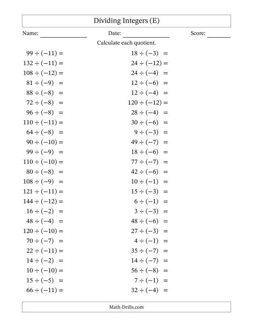 Dividing Positive by Negative Integers from -12 to 12 (50 Questions) (E)