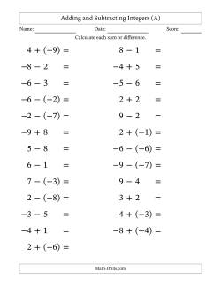 Adding and Subtracting Mixed Integers from -9 to 9 (25 Questions; Large Print)