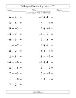 Adding and Subtracting Mixed Integers from -9 to 9 (25 Questions; Large Print; No Parentheses)