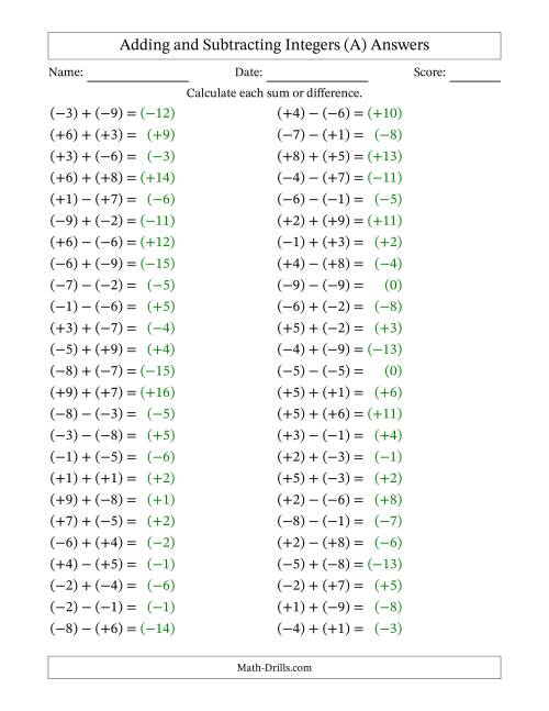 The Adding and Subtracting Mixed Integers from -9 to 9 (50 Questions; All Parentheses) (A) Math Worksheet Page 2