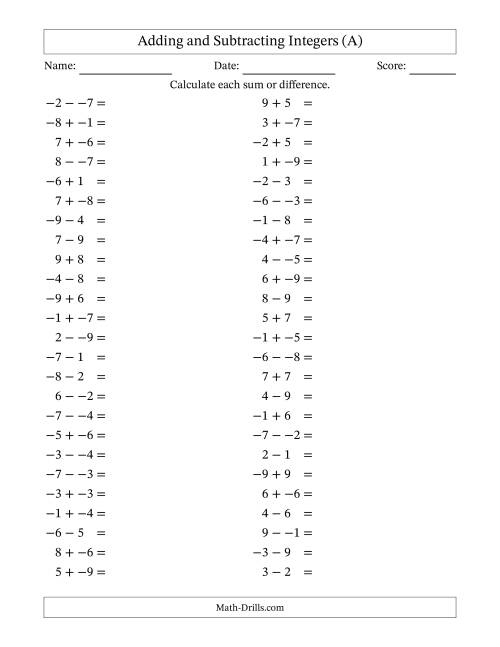 The Adding and Subtracting Mixed Integers from -9 to 9 (50 Questions; No Parentheses) (A) Math Worksheet