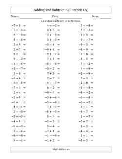 Adding and Subtracting Mixed Integers from -9 to 9 (75 Questions; No Parentheses)