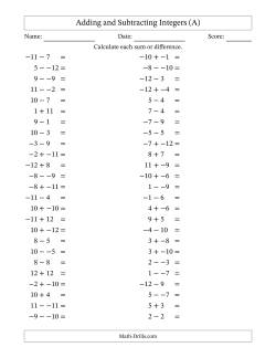 Adding and Subtracting Mixed Integers from -12 to 12 (50 Questions; No Parentheses)