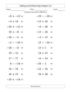Adding and Subtracting Mixed Integers from -20 to 20 (25 Questions; Large Print; No Parentheses)