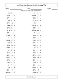 Adding and Subtracting Mixed Integers from -20 to 20 (50 Questions; No Parentheses)