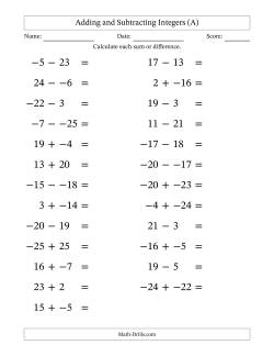 Adding and Subtracting Mixed Integers from -25 to 25 (25 Questions; Large Print; No Parentheses)