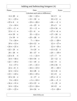 Adding and Subtracting Mixed Integers from -25 to 25 (75 Questions; No Parentheses)