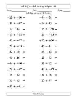 Adding and Subtracting Mixed Integers from -50 to 50 (25 Questions; Large Print; No Parentheses)