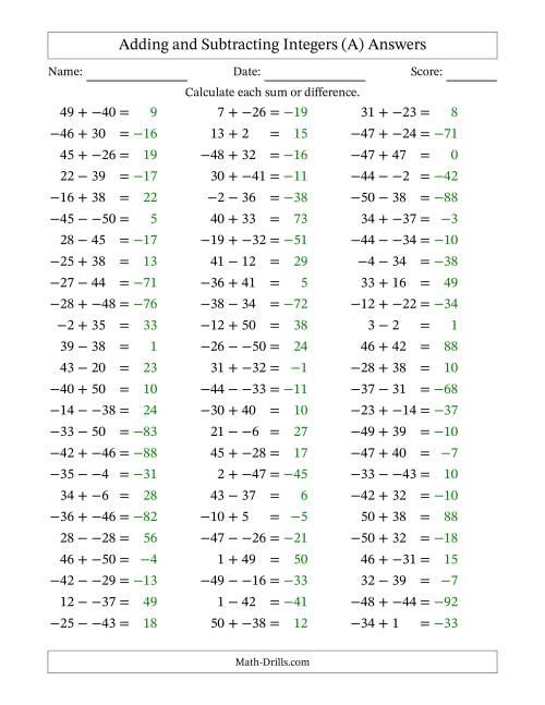 Adding and Subtracting Mixed Integers from -50 to 50 (75 Questions; No ...