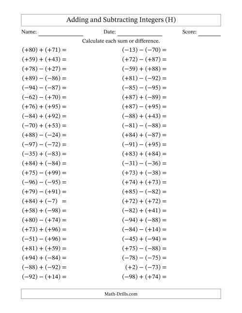 Adding and Subtracting Mixed Integers from -99 to 99 (50 Questions; All ...