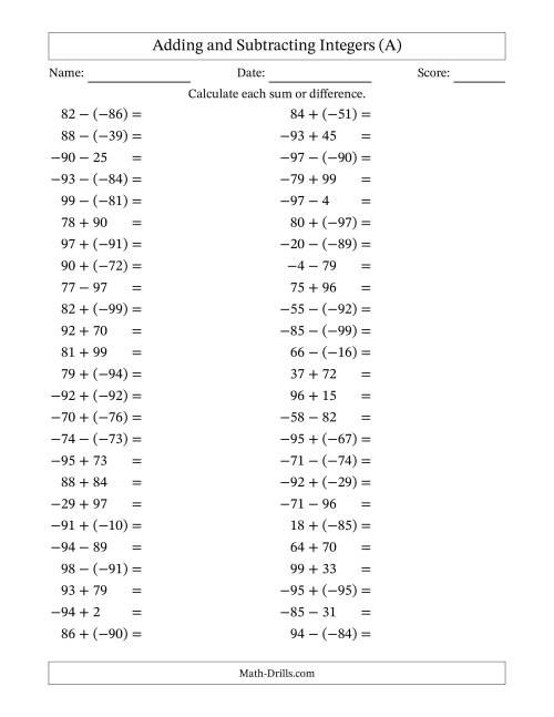 The Adding and Subtracting Mixed Integers from -99 to 99 (50 Questions) (A) Math Worksheet