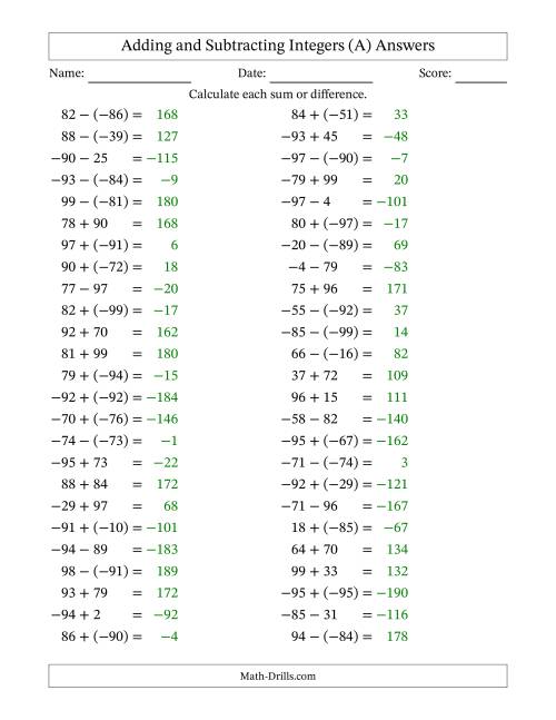 The Adding and Subtracting Mixed Integers from -99 to 99 (50 Questions) (A) Math Worksheet Page 2