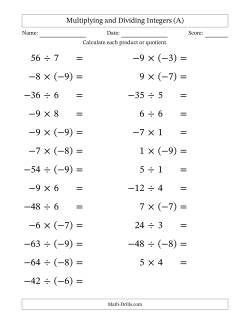 Multiplying and Dividing Mixed Integers from -9 to 9 (25 Questions; Large Print)