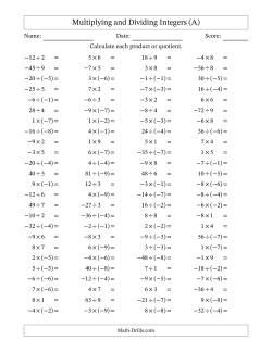Multiplying and Dividing Mixed Integers from -9 to 9 (100 Questions)