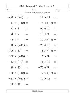 Multiplying and Dividing Mixed Integers from -12 to 12 (25 Questions; Large Print)