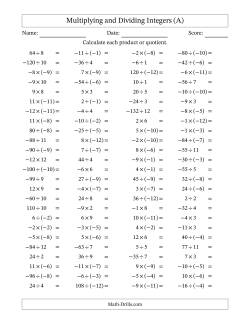 Multiplying and Dividing Mixed Integers from -12 to 12 (100 Questions)