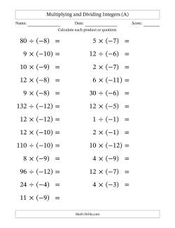 Multiplying and Dividing Positive and Negative Integers from -12 to 12 (25 Questions; Large Print)
