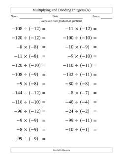 Multiplying and Dividing Negative and Negative Integers from -12 to -1 (25 Questions; Large Print)