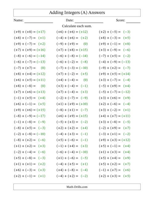 The Adding Integers from (-9) to (+9) (All Numbers in Parentheses) (A) Math Worksheet Page 2