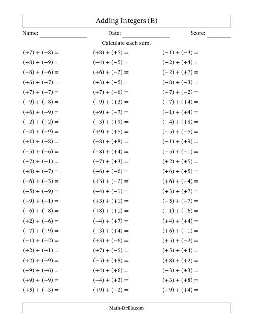The Adding Mixed Integers from -9 to 9 (75 Questions; All Parentheses) (E) Math Worksheet
