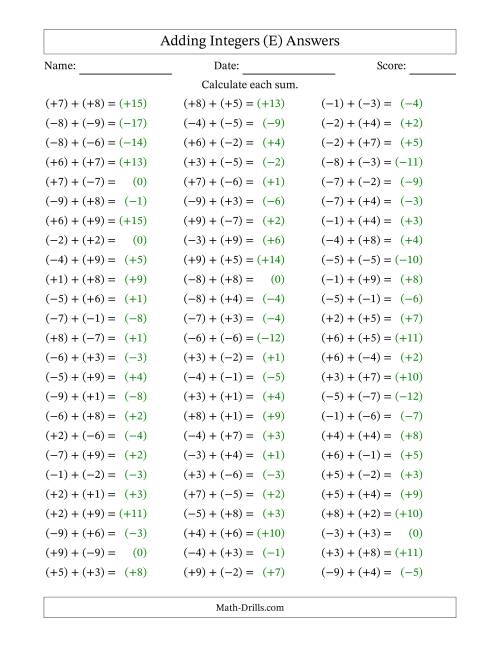 The Adding Mixed Integers from -9 to 9 (75 Questions; All Parentheses) (E) Math Worksheet Page 2
