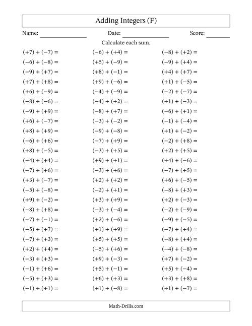 The Adding Integers from (-9) to (+9) (All Numbers in Parentheses) (F) Math Worksheet