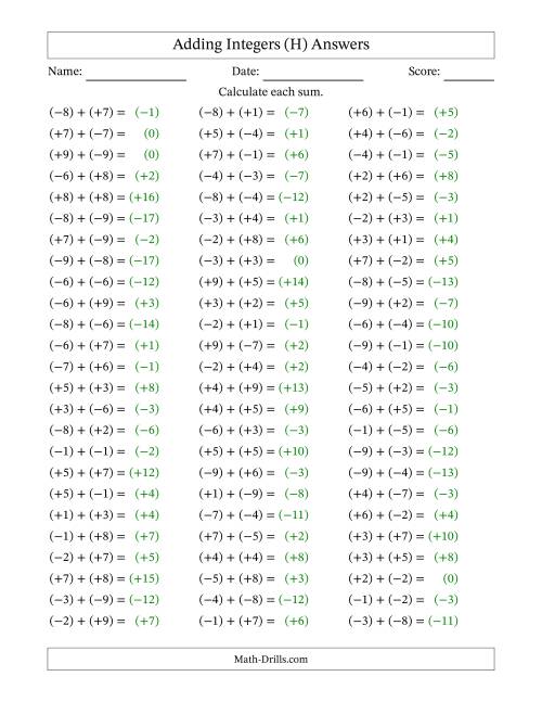 The Adding Mixed Integers from -9 to 9 (75 Questions; All Parentheses) (H) Math Worksheet Page 2