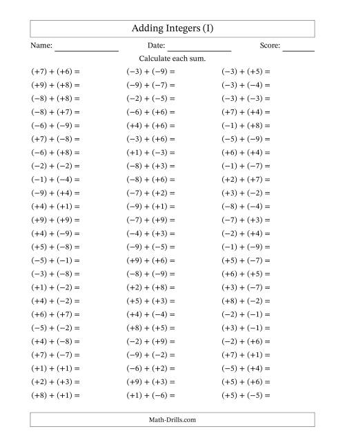 The Adding Integers from (-9) to (+9) (All Numbers in Parentheses) (I) Math Worksheet