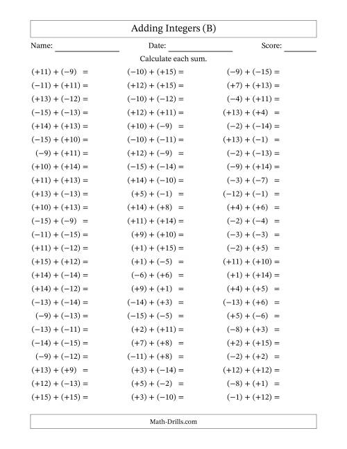 The Adding Mixed Integers from -15 to 15 (75 Questions; All Parentheses) (B) Math Worksheet