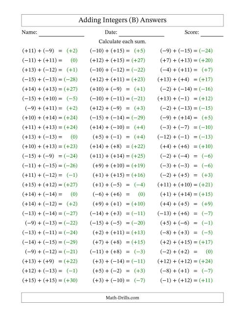 The Adding Mixed Integers from -15 to 15 (75 Questions; All Parentheses) (B) Math Worksheet Page 2