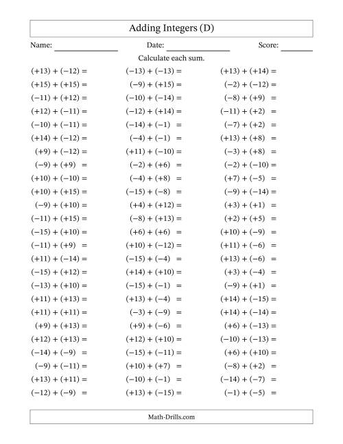 The Adding Mixed Integers from -15 to 15 (75 Questions; All Parentheses) (D) Math Worksheet