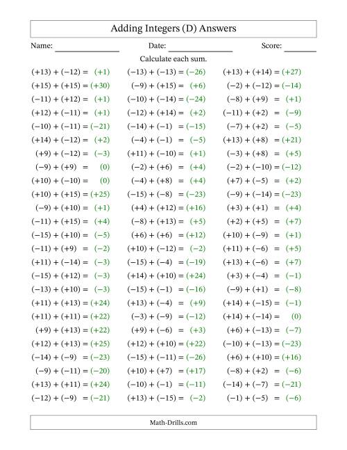 The Adding Mixed Integers from -15 to 15 (75 Questions; All Parentheses) (D) Math Worksheet Page 2