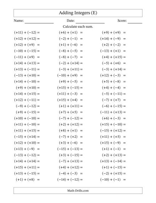 The Adding Mixed Integers from -15 to 15 (75 Questions; All Parentheses) (E) Math Worksheet