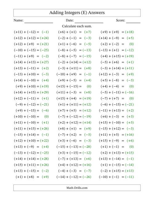 The Adding Mixed Integers from -15 to 15 (75 Questions; All Parentheses) (E) Math Worksheet Page 2