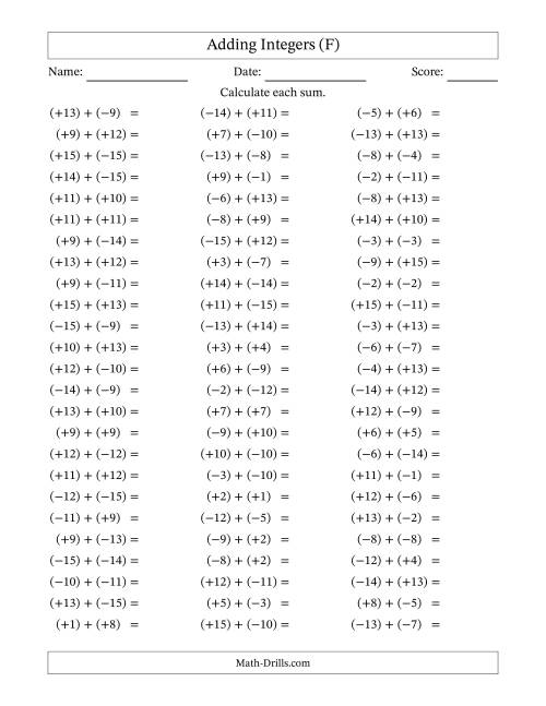 The Adding Mixed Integers from -15 to 15 (75 Questions; All Parentheses) (F) Math Worksheet
