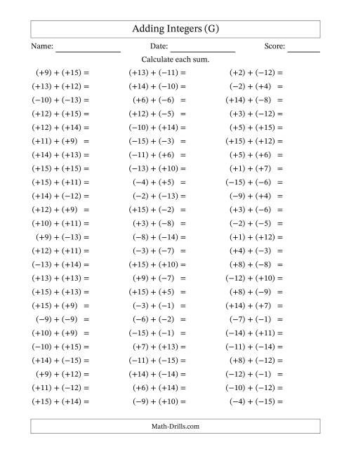 The Adding Mixed Integers from -15 to 15 (75 Questions; All Parentheses) (G) Math Worksheet