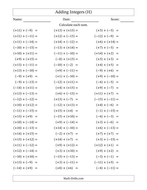 The Adding Mixed Integers from -15 to 15 (75 Questions; All Parentheses) (H) Math Worksheet