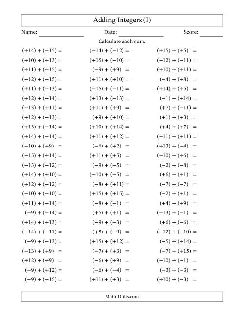 The Adding Mixed Integers from -15 to 15 (75 Questions; All Parentheses) (I) Math Worksheet