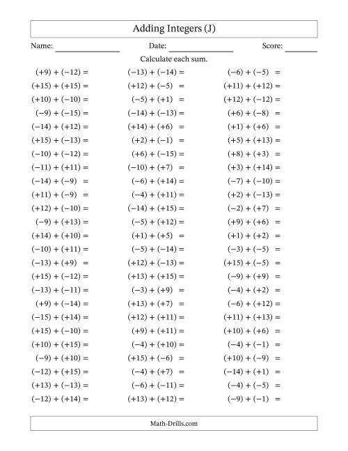 The Adding Mixed Integers from -15 to 15 (75 Questions; All Parentheses) (J) Math Worksheet